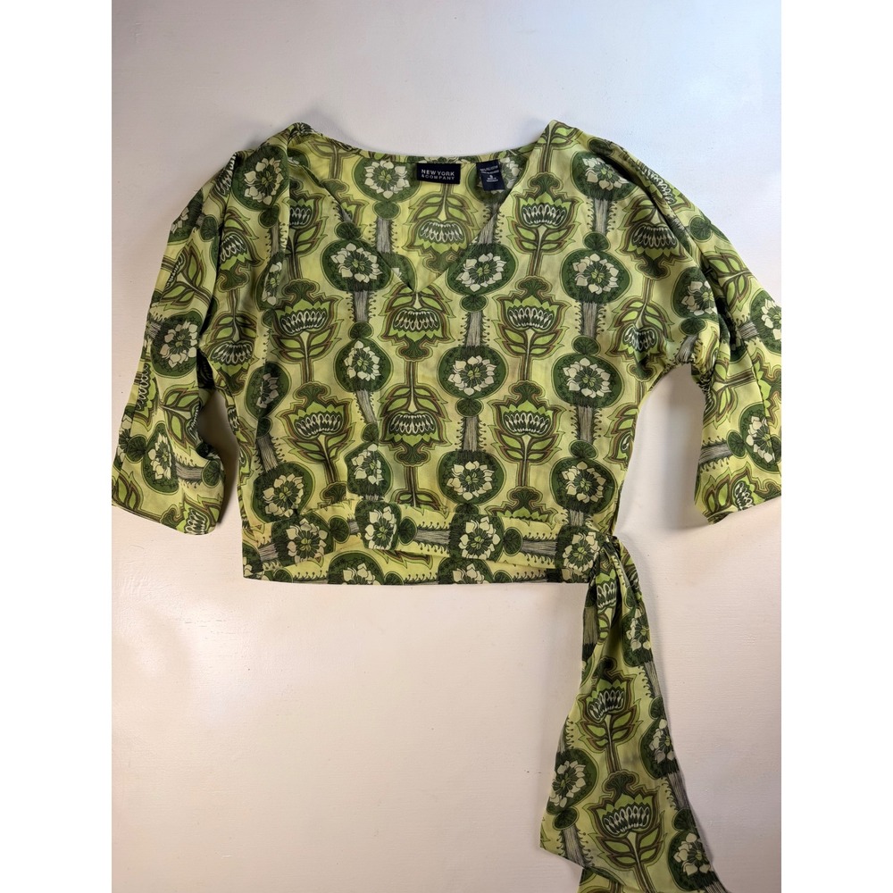 New York & Company Blouse Women Small Green Y2K Wrap Side Tie Botanical